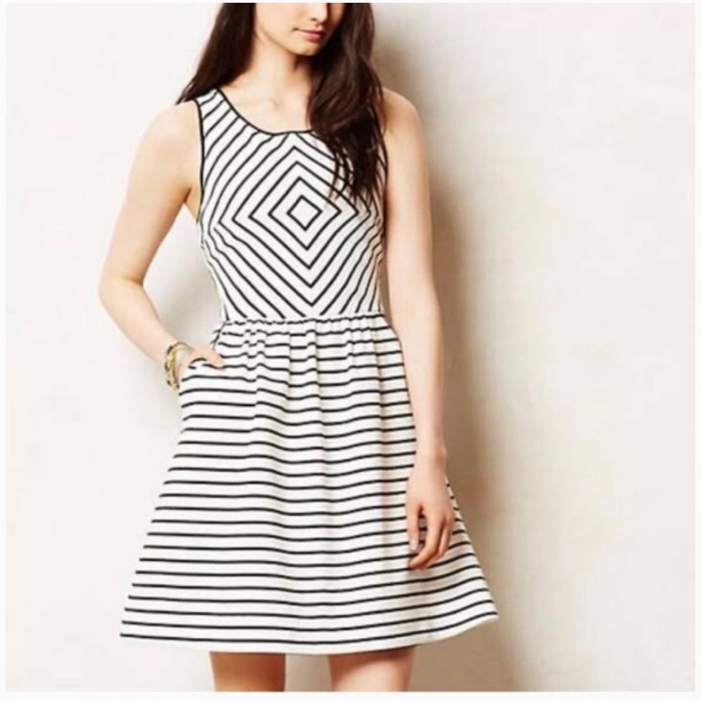 Anthropologie Maeve Mitred Black White Stripe Textured Dress Women’s size 8
